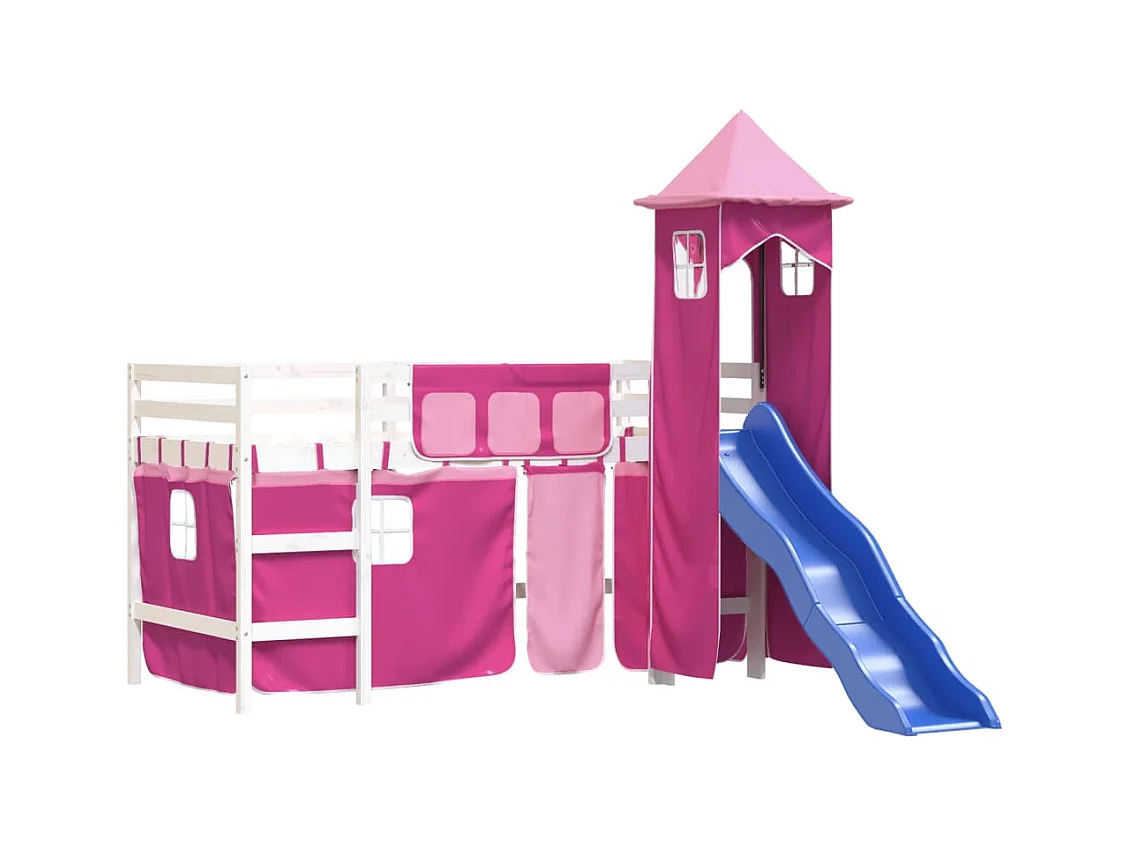 Lit mezzanine enfants avec tour rose 80x200 bois pin massif