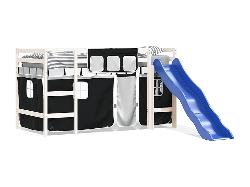 Lit mezzanine enfants et rideaux blanc-noir 80x200 pin massif