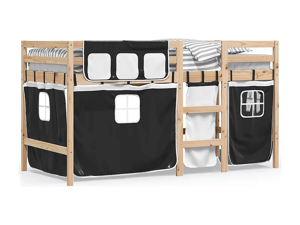 Cama alta criança c/ cortina 80x200cm pinho maciço branco/preto