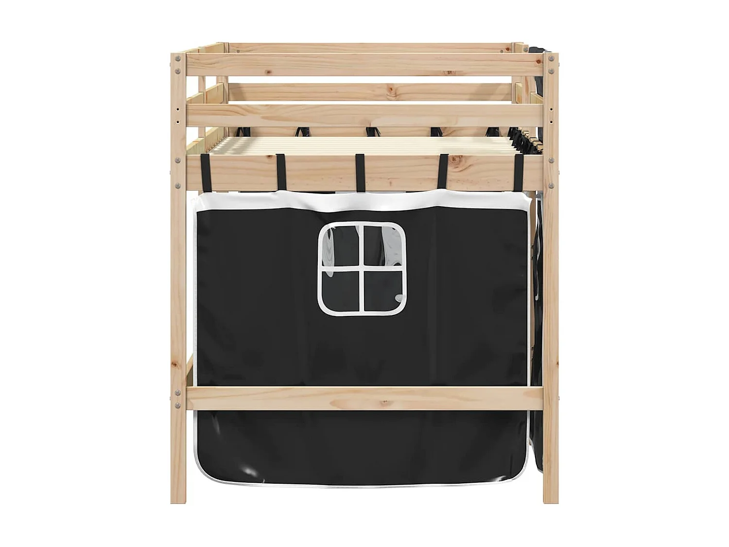 Cama alta criança c/ cortina 80x200cm pinho maciço branco/preto