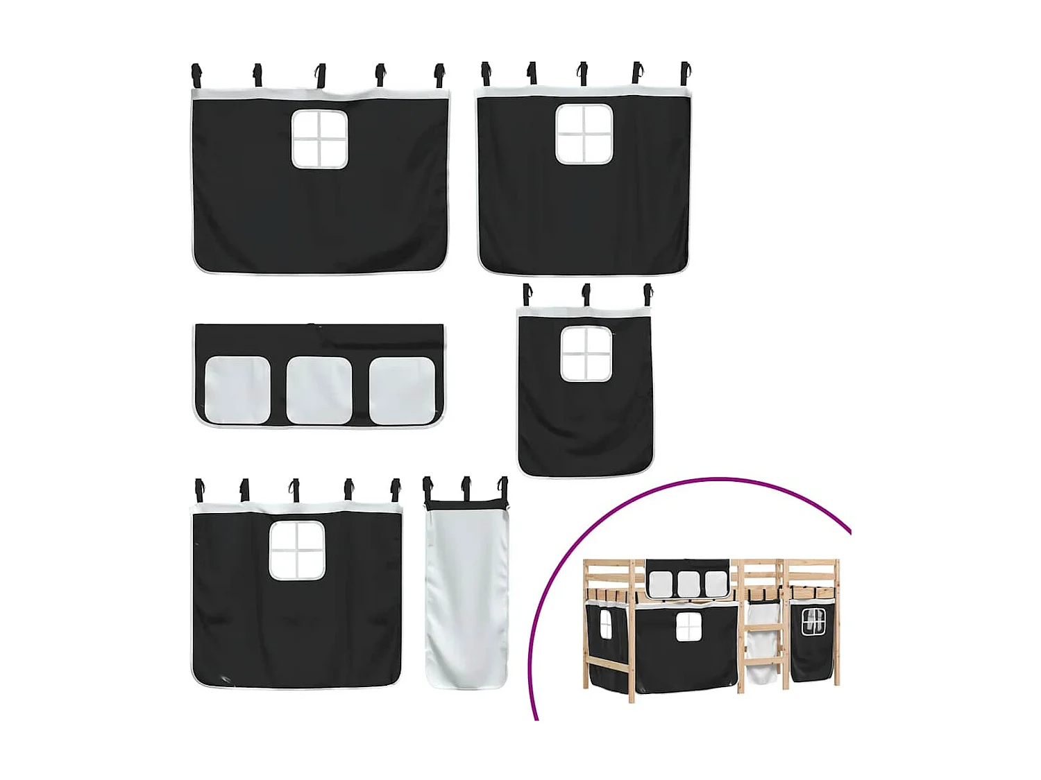 Cama alta criança c/ cortina 80x200cm pinho maciço branco/preto