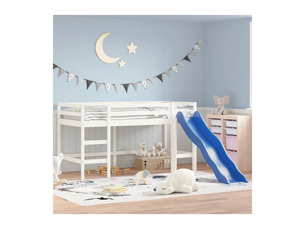 Lit mezzanine enfants toboggan blanc 80x200 bois pin massif