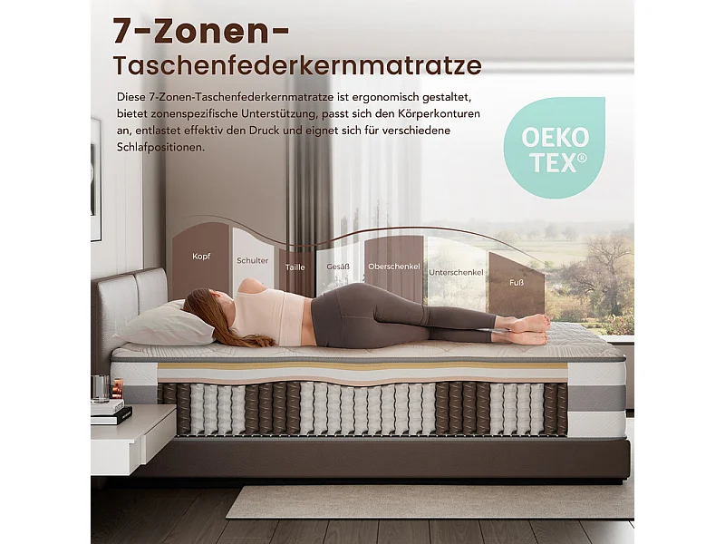 Matratze – 100 x 200 cm – Taschenfederkern – 7 Zonen – mittlere Festigkeit H3 – 25 cm – HOMAVO