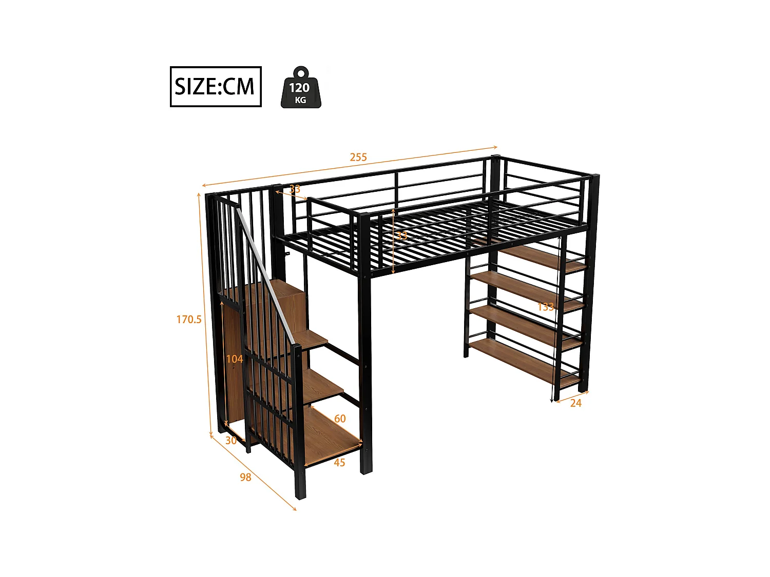 Lit mezzanine noir et bois 90x200cm avec échelle de sécurité, petite armoire, étagères et barrière (sans matelas)