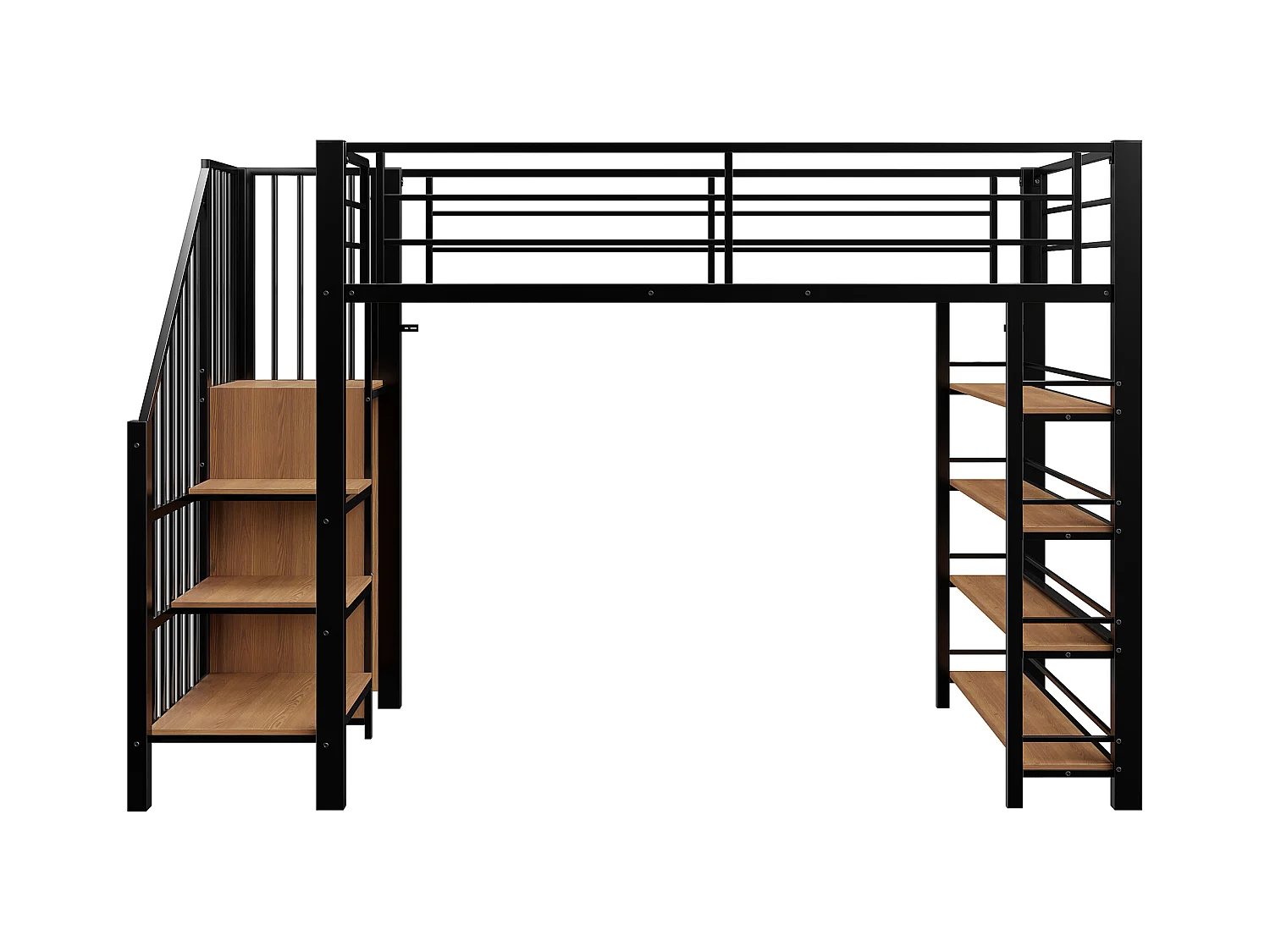 Lit mezzanine noir et bois 90x200cm avec échelle de sécurité, petite armoire, étagères et barrière (sans matelas)