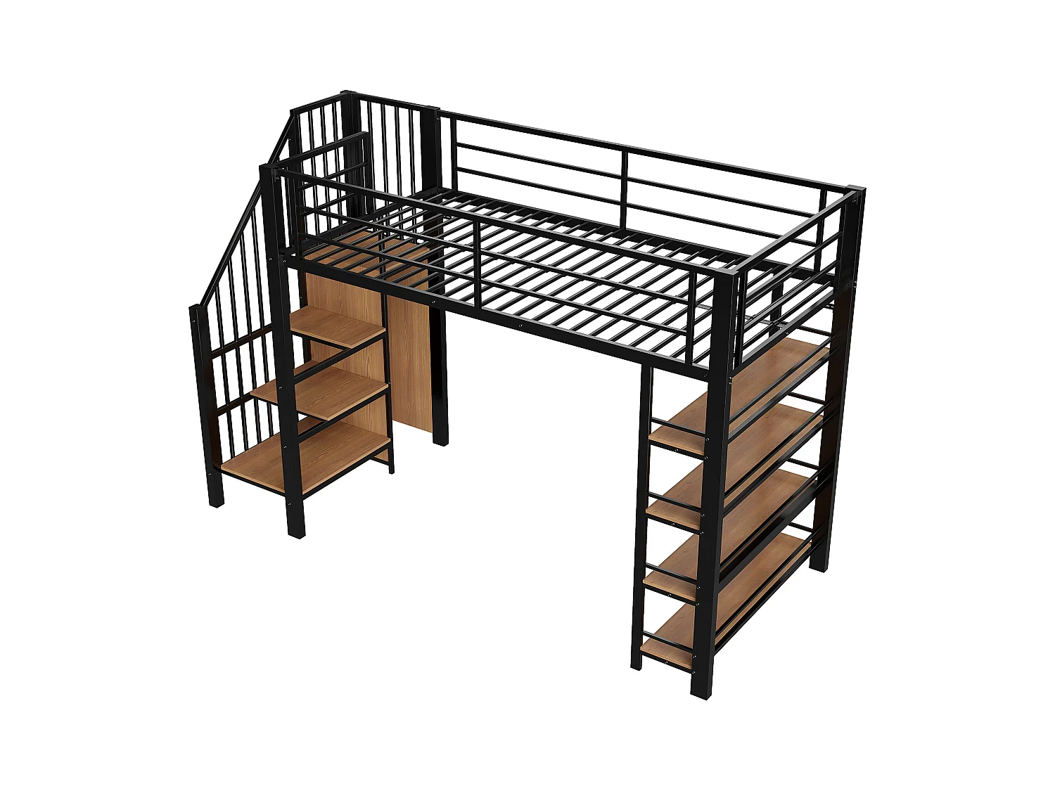 Lit mezzanine noir et bois 90x200cm avec échelle de sécurité, petite armoire, étagères et barrière (sans matelas)