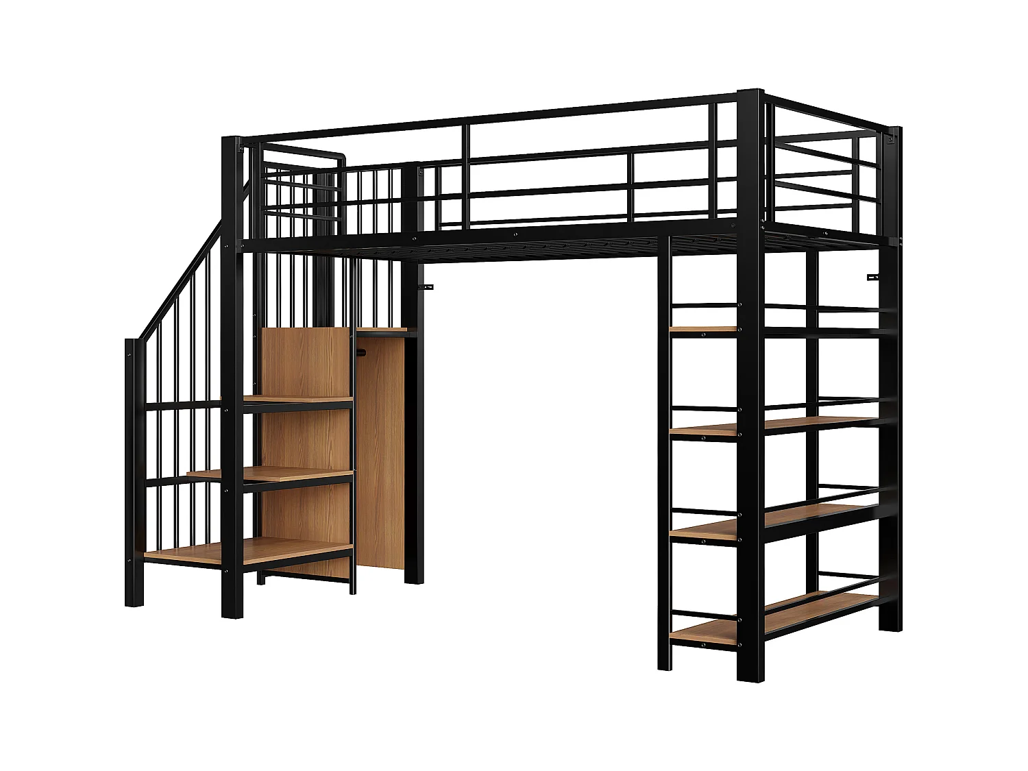 Lit mezzanine noir et bois 90x200cm avec échelle de sécurité, petite armoire, étagères et barrière (sans matelas)