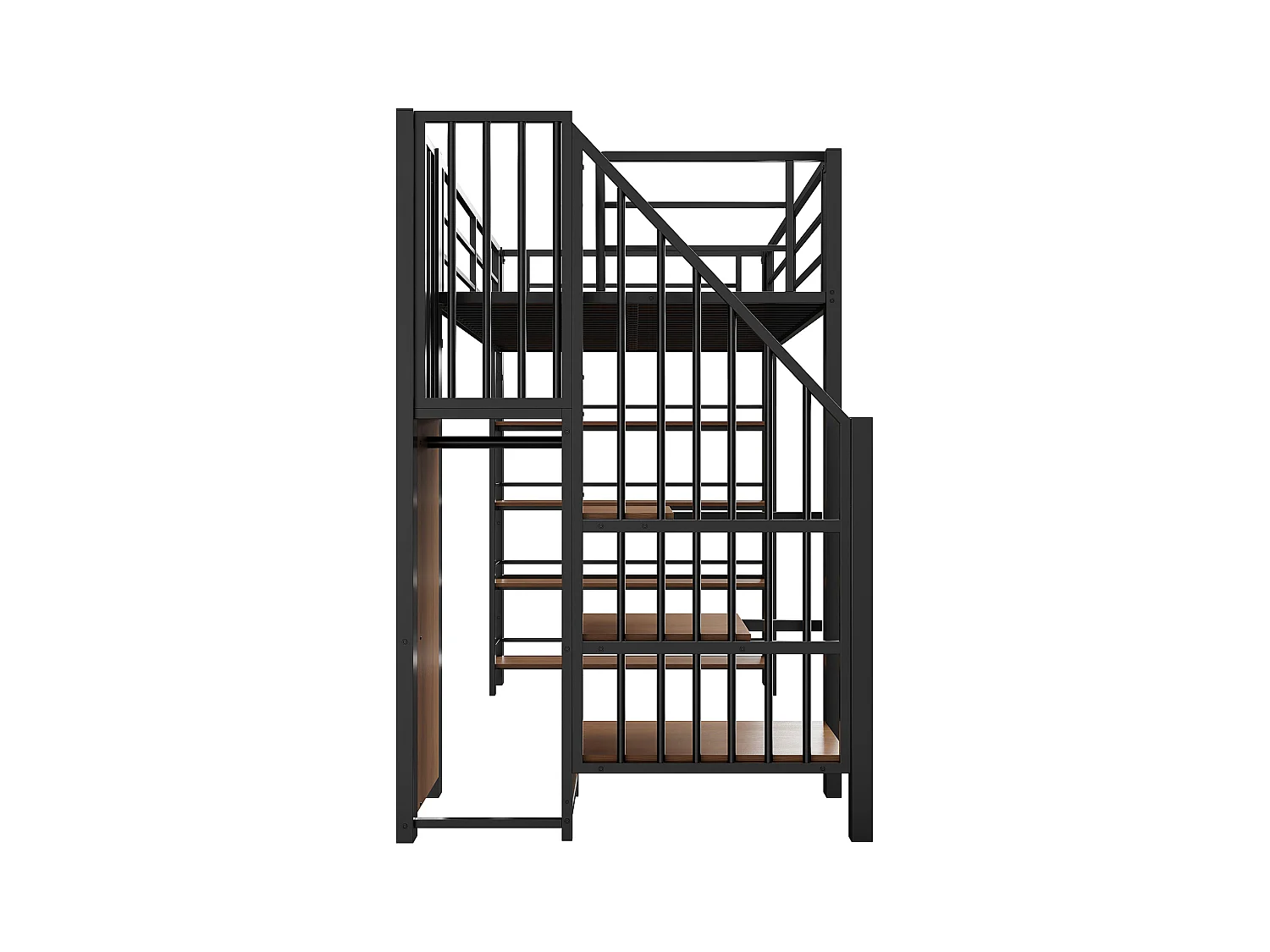 Lit mezzanine noir et bois 90x200cm avec échelle de sécurité, petite armoire, étagères et barrière (sans matelas)