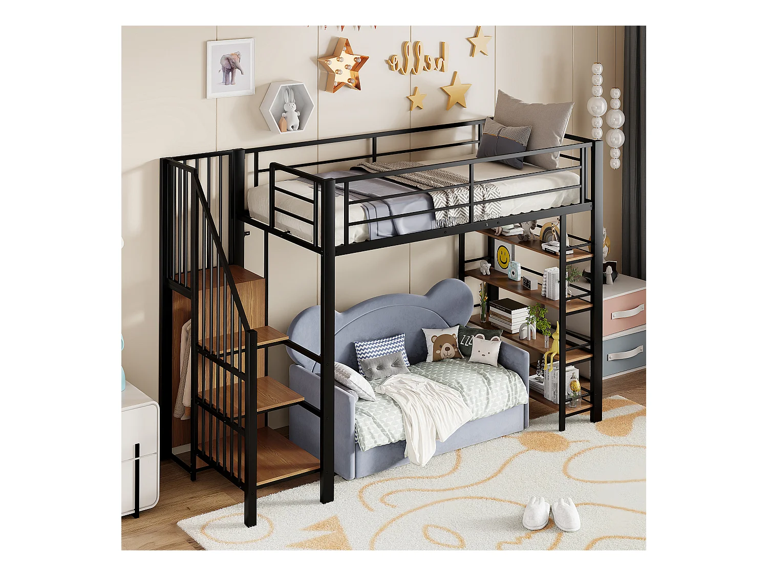 Letto a soppalco nero e legno 90x200cm con scaletta di sicurezza, piccolo armadio, ripiani e barriera (senza materasso)