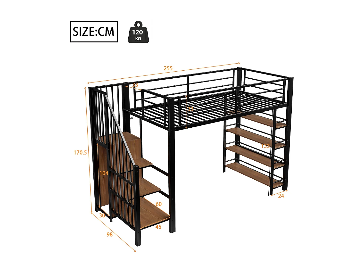 Letto a soppalco nero e legno 90x200cm con scaletta di sicurezza, piccolo armadio, ripiani e barriera (senza materasso)