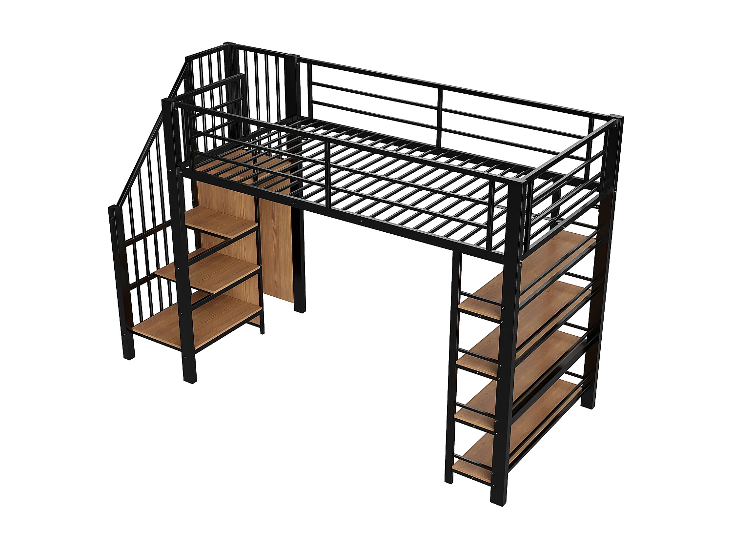 Letto a soppalco nero e legno 90x200cm con scaletta di sicurezza, piccolo armadio, ripiani e barriera (senza materasso)