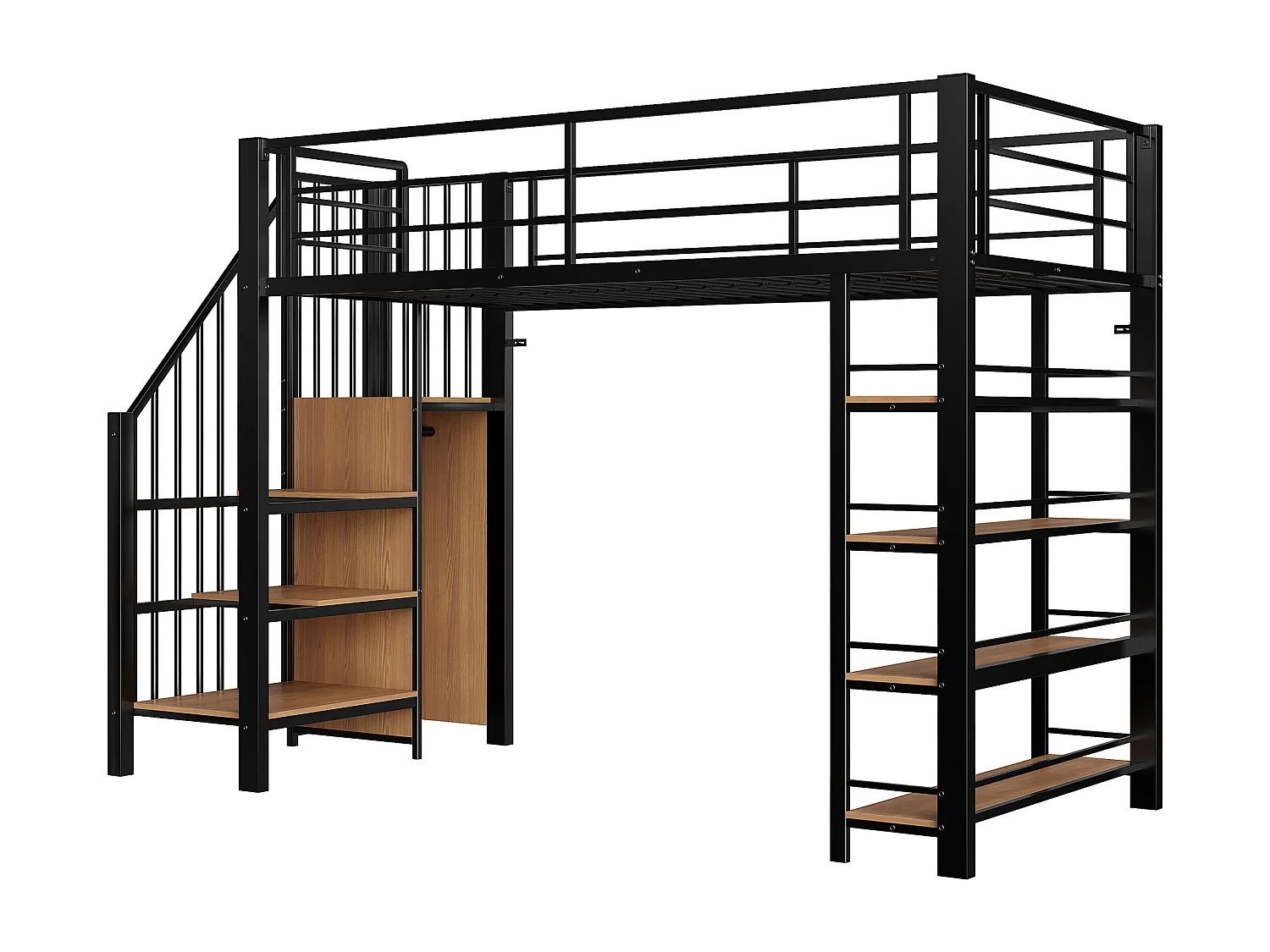 Letto a soppalco nero e legno 90x200cm con scaletta di sicurezza, piccolo armadio, ripiani e barriera (senza materasso)