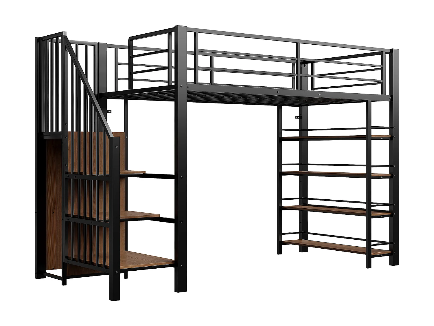 Letto a soppalco nero e legno 90x200cm con scaletta di sicurezza, piccolo armadio, ripiani e barriera (senza materasso)