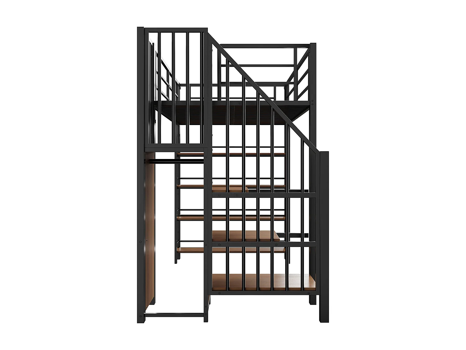 Letto a soppalco nero e legno 90x200cm con scaletta di sicurezza, piccolo armadio, ripiani e barriera (senza materasso)