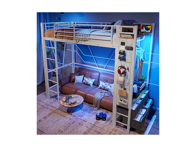 Lit mezzanine blanc 90 x 200 cm avec 4 tiroirs, LED, tringle à vêtements, étagère, USB + TYPE-C, panneau perforé (sans matelas)