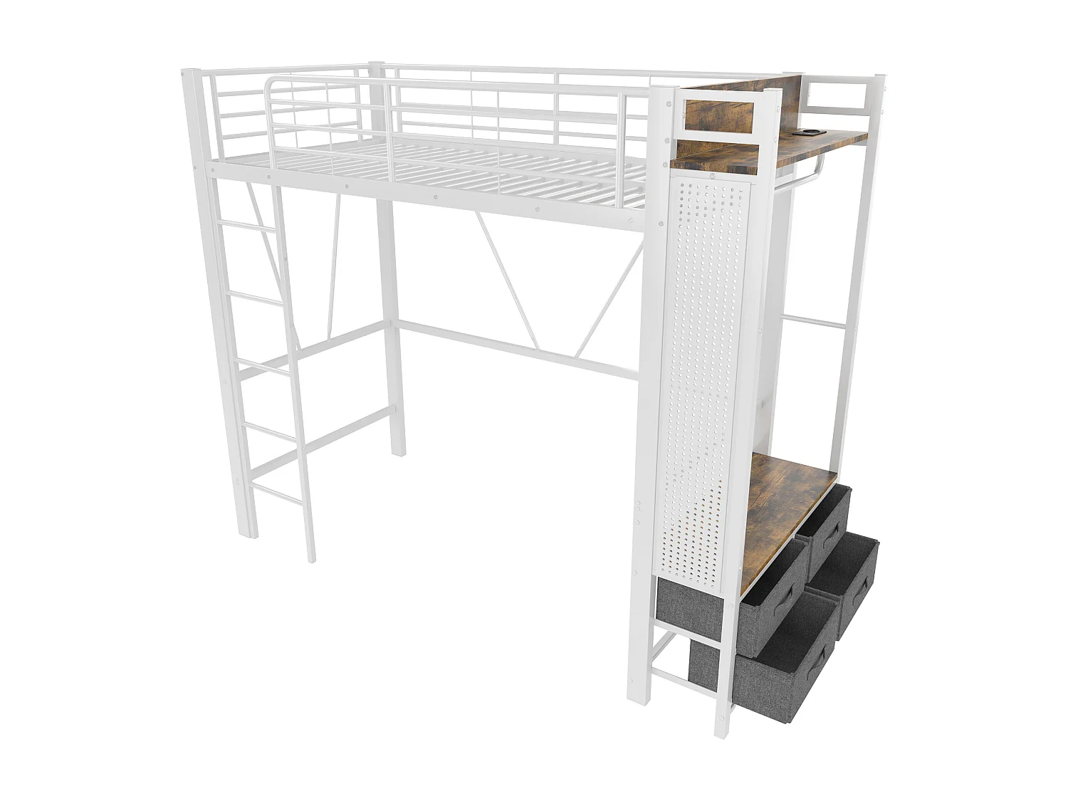 Cama alta blanca de 90 x 200 cm con 4 cajones, LED, barra para ropa, balda, USB + TYPE-C, panel perforado (sin colchón)