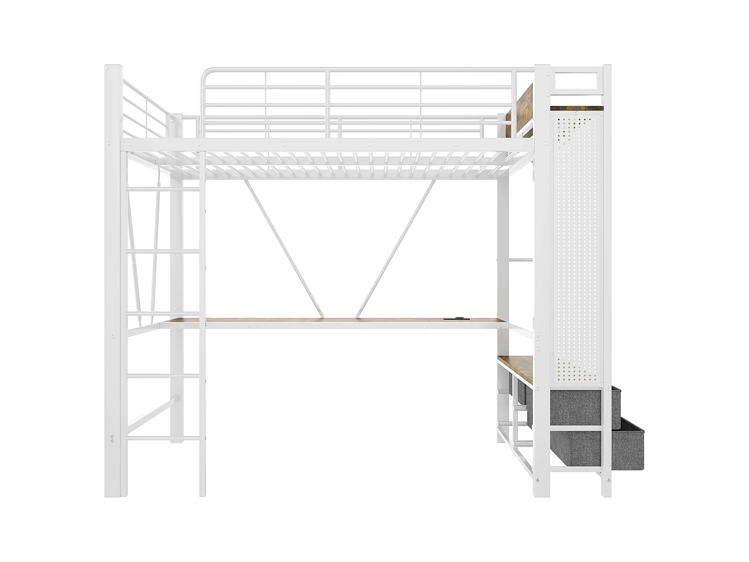 Lit mezzanine enfant blanc 90x200cm avec bureau, 4 tiroirs, LED, étendoir à linge et USB + TYPE-C (sans matelas)