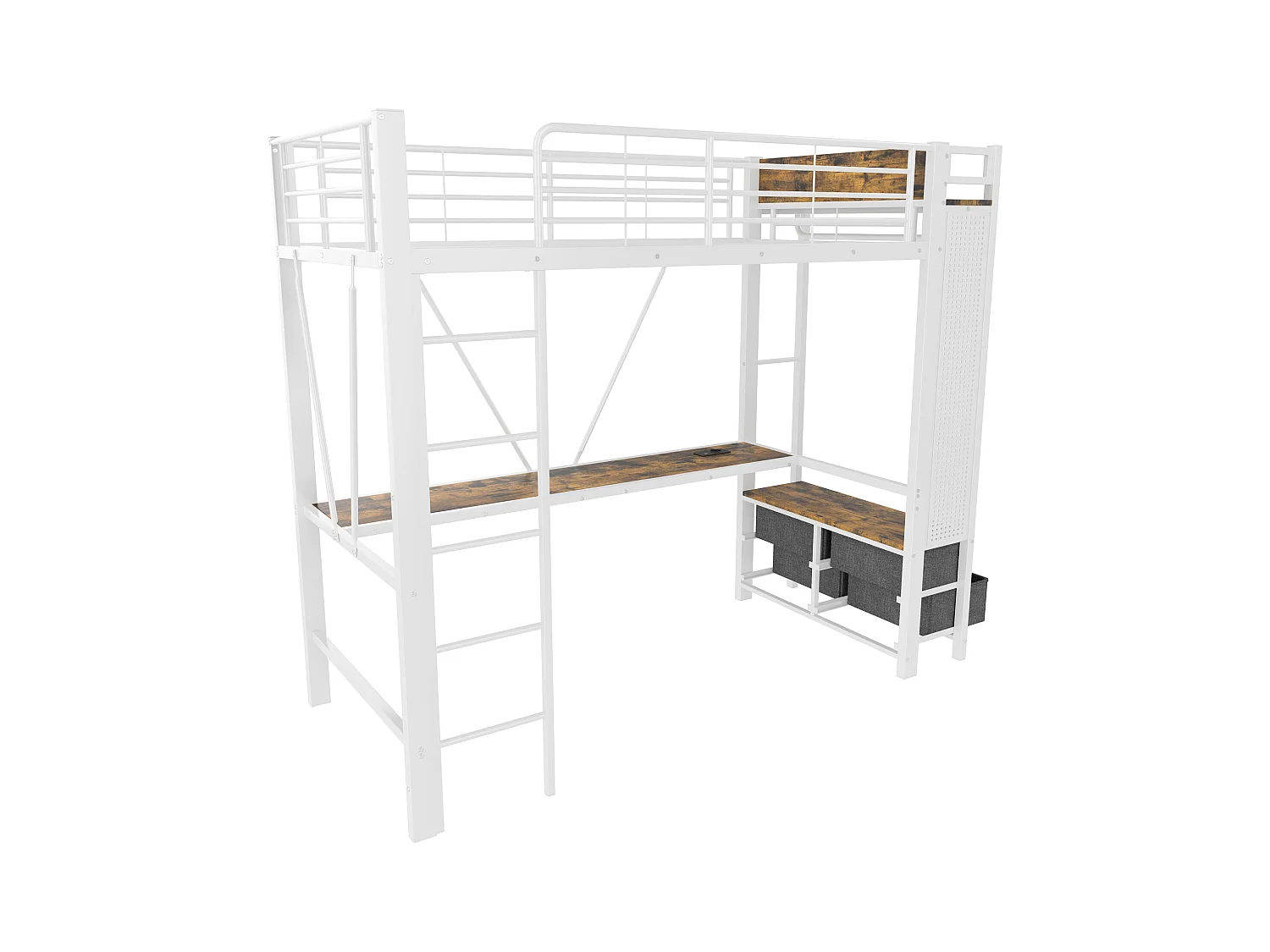 Lit mezzanine enfant blanc 90x200cm avec bureau, 4 tiroirs, LED, étendoir à linge et USB + TYPE-C (sans matelas)