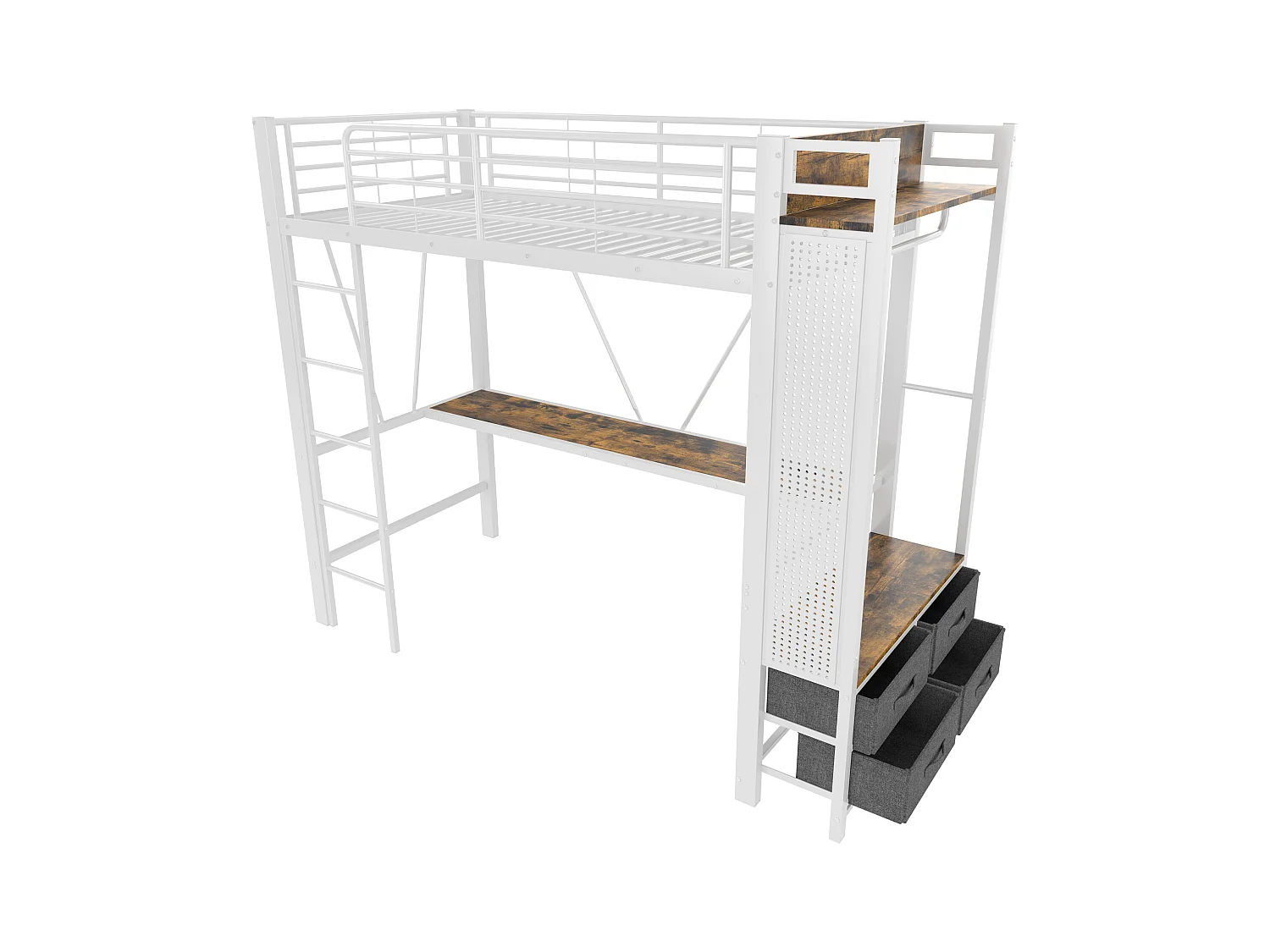 Lit mezzanine enfant blanc 90x200cm avec bureau, 4 tiroirs, LED, étendoir à linge et USB + TYPE-C (sans matelas)
