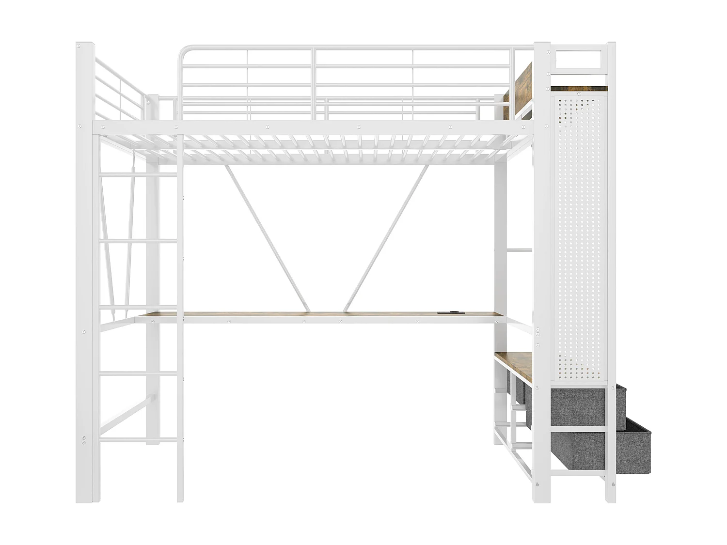 Cama alta infantil blanca 90x200cm con escritorio, 4 cajones, LED, tendedero y USB + TIPO-C (sin colchón)