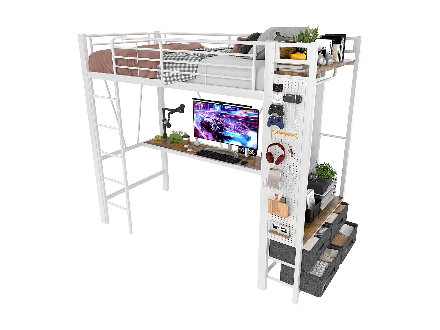 Cama alta infantil blanca 90x200cm con escritorio, 4 cajones, LED, tendedero y USB + TIPO-C (sin colchón)