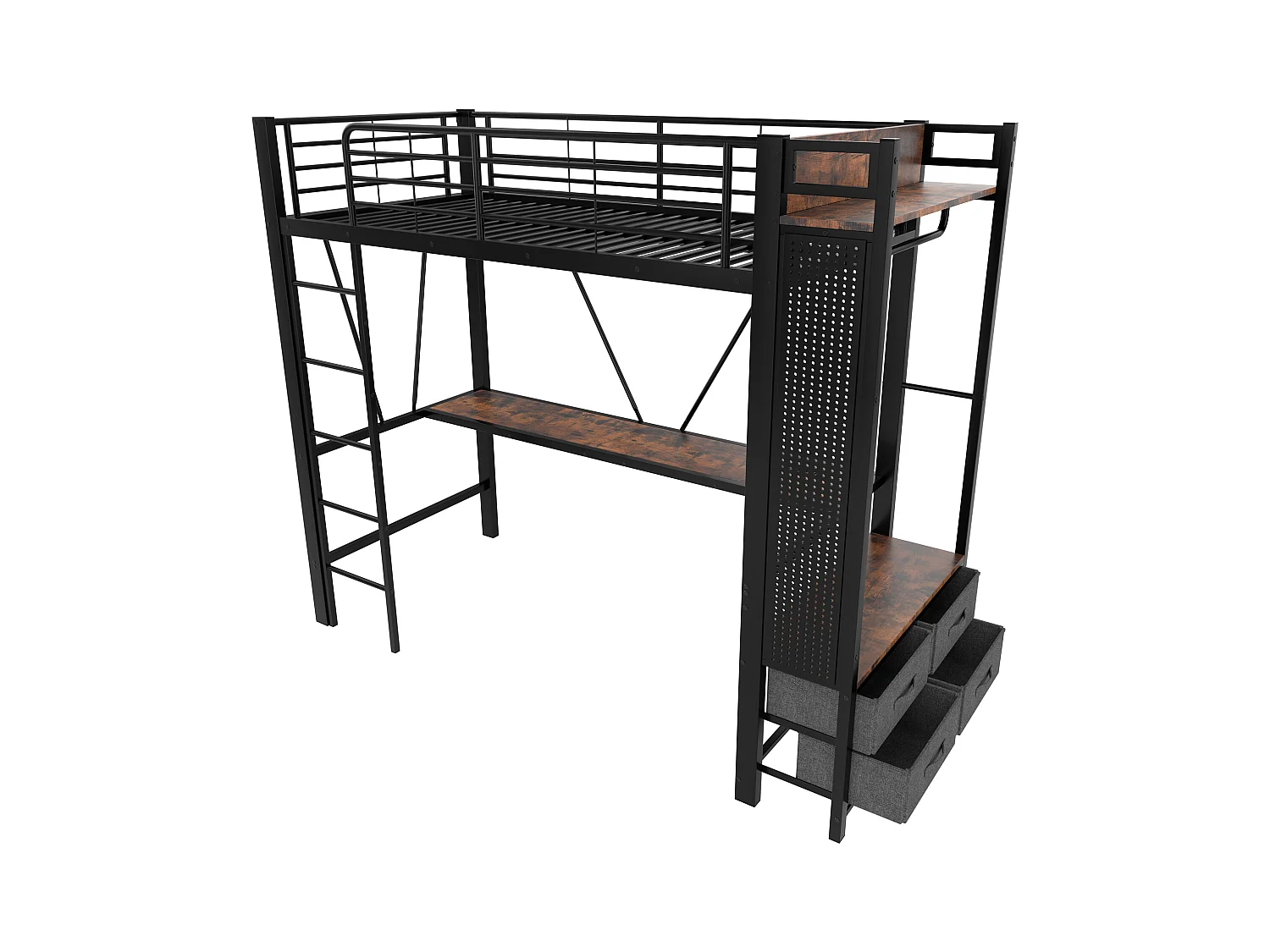 Lit mezzanine enfant noir 90x200cm avec bureau, 4 tiroirs, LED, étendoir à linge et USB + TYPE-C (sans matelas)