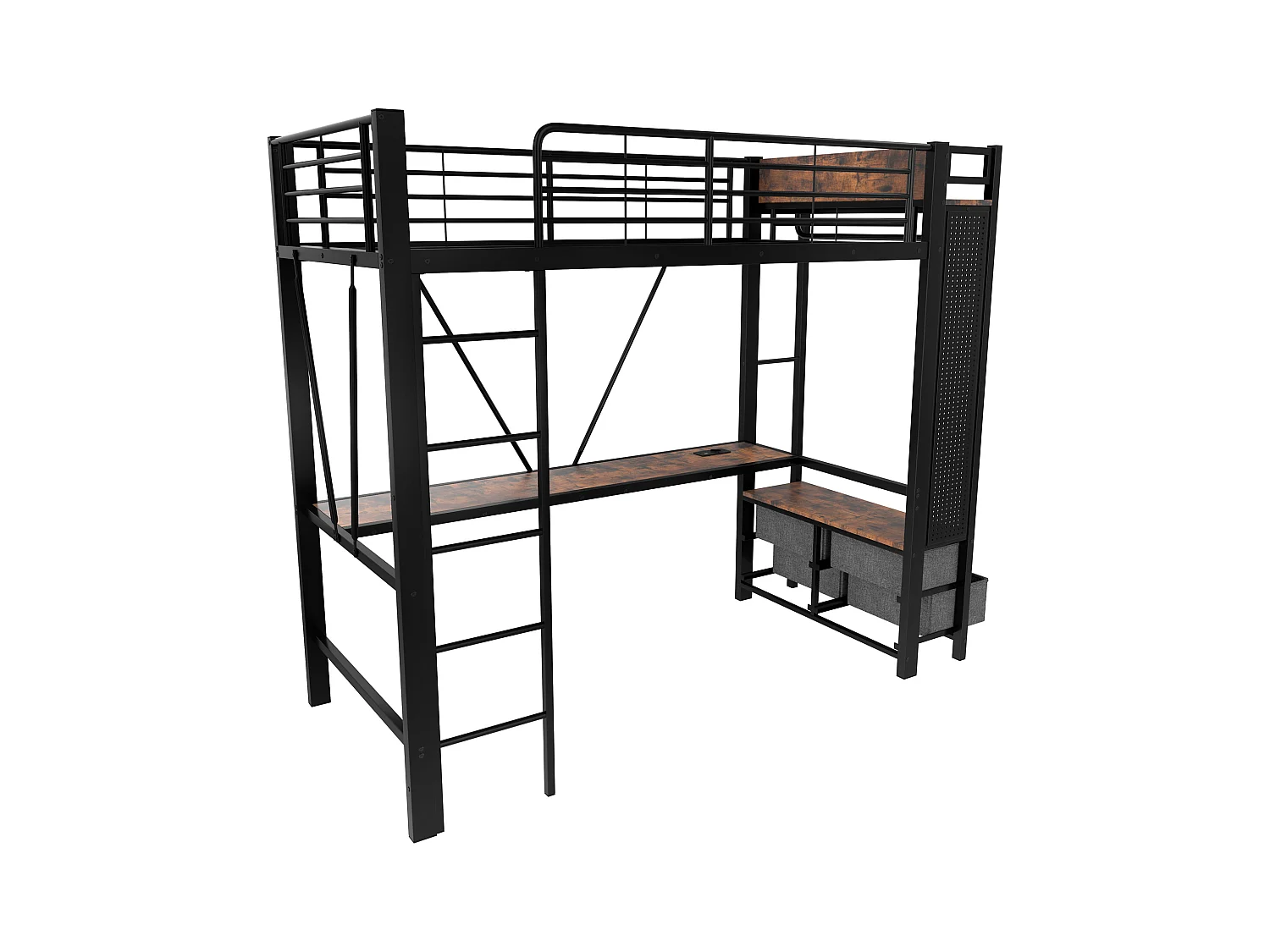 Lit mezzanine enfant noir 90x200cm avec bureau, 4 tiroirs, LED, étendoir à linge et USB + TYPE-C (sans matelas)