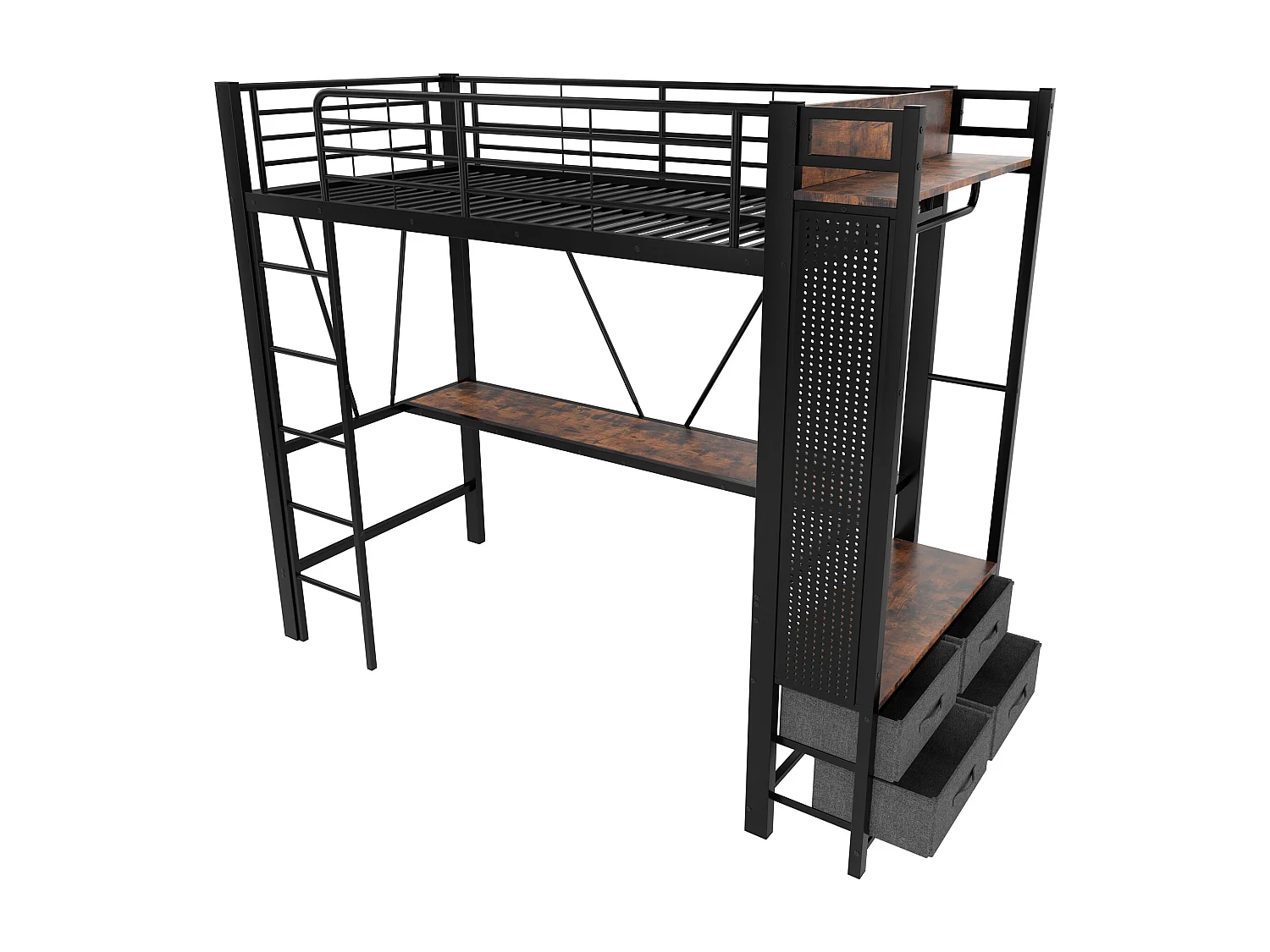 Lit mezzanine enfant noir 90x200cm avec bureau, 4 tiroirs, LED, étendoir à linge et USB + TYPE-C (sans matelas)