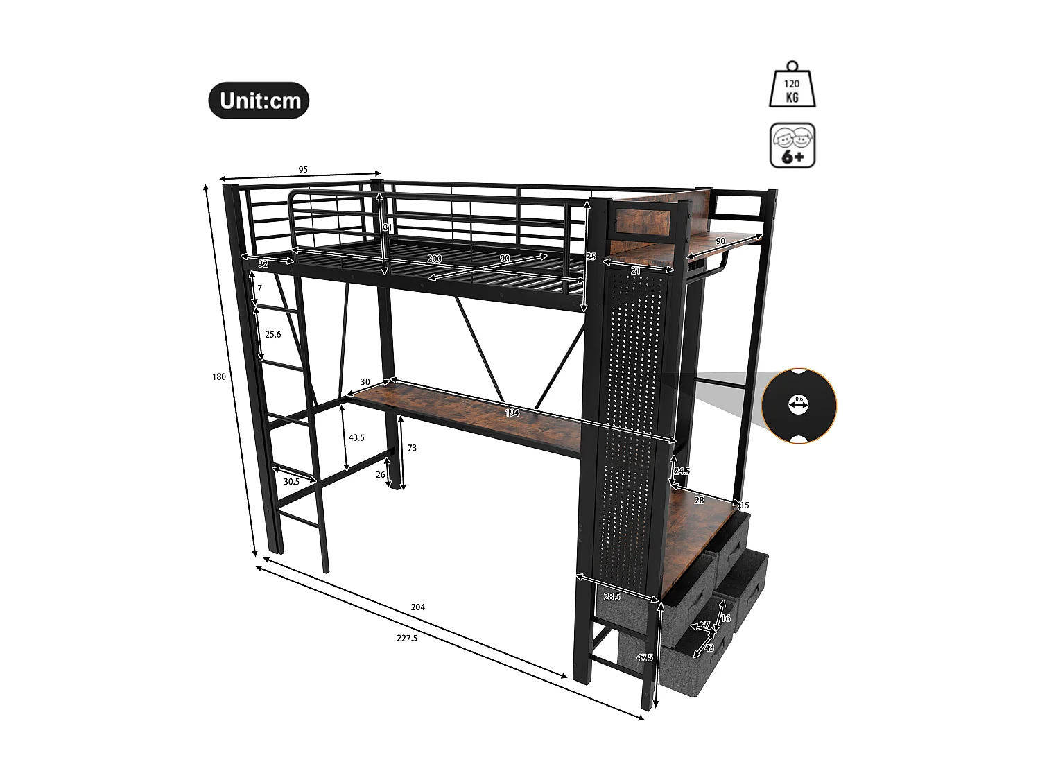 Lit mezzanine enfant noir 90x200cm avec bureau, 4 tiroirs, LED, étendoir à linge et USB + TYPE-C (sans matelas)