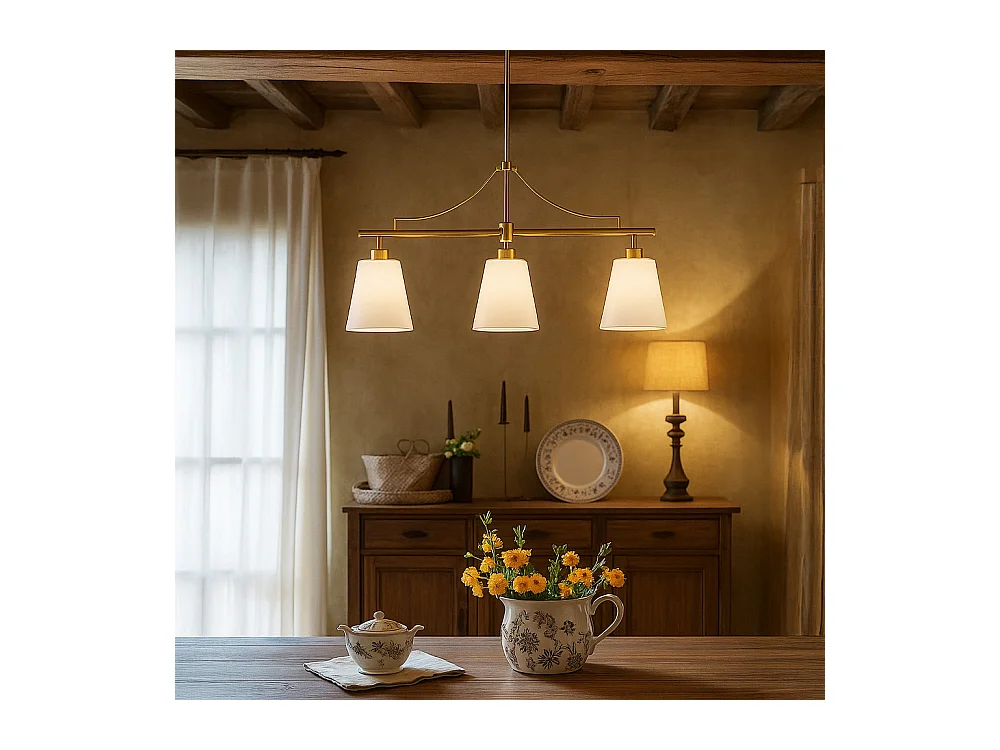 Suspension Plafonnier en Métal Doré Vieilli avec 3 Abat-jours - Bubles Doré