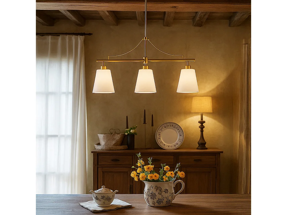 Suspension Plafonnier en Métal Doré Vieilli avec 3 Abat-jours - Bubles Doré