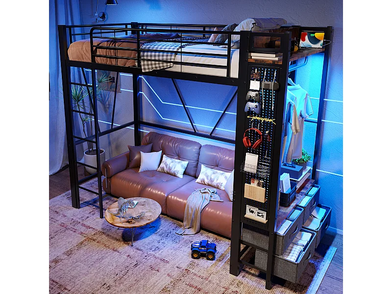 Lit mezzanine noir 90 x 200 cm avec 4 tiroirs, LED, tringle à vêtements, étagère, USB + TYPE-C, panneau perforé (sans matelas)