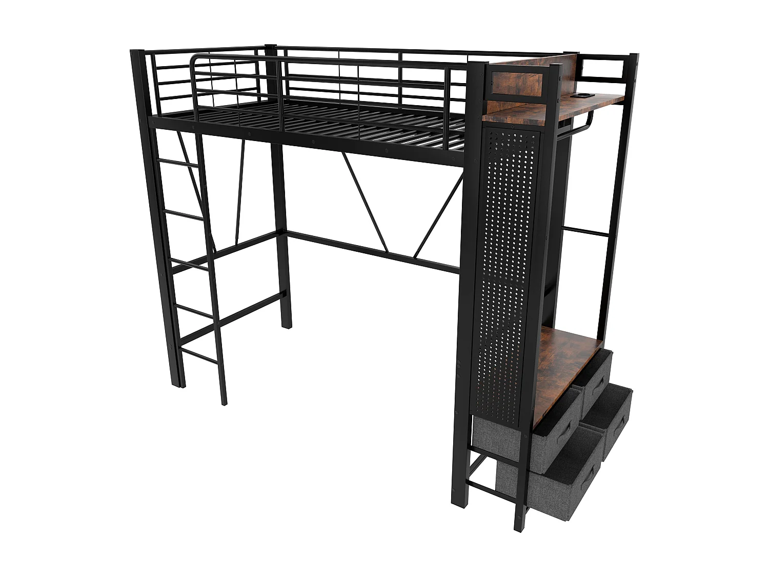 Cama alta preta 90 x 200 cm com 4 gavetas, LED, varão, prateleira, USB + TIPO-C, painel perfurado (sem colchão)