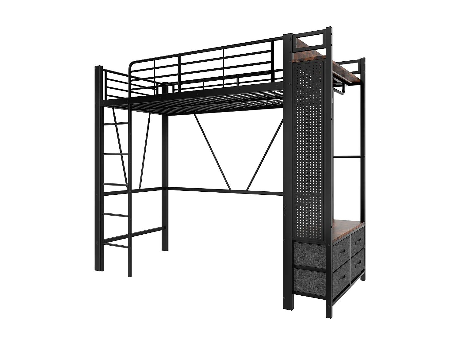 Cama alta preta 90 x 200 cm com 4 gavetas, LED, varão, prateleira, USB + TIPO-C, painel perfurado (sem colchão)