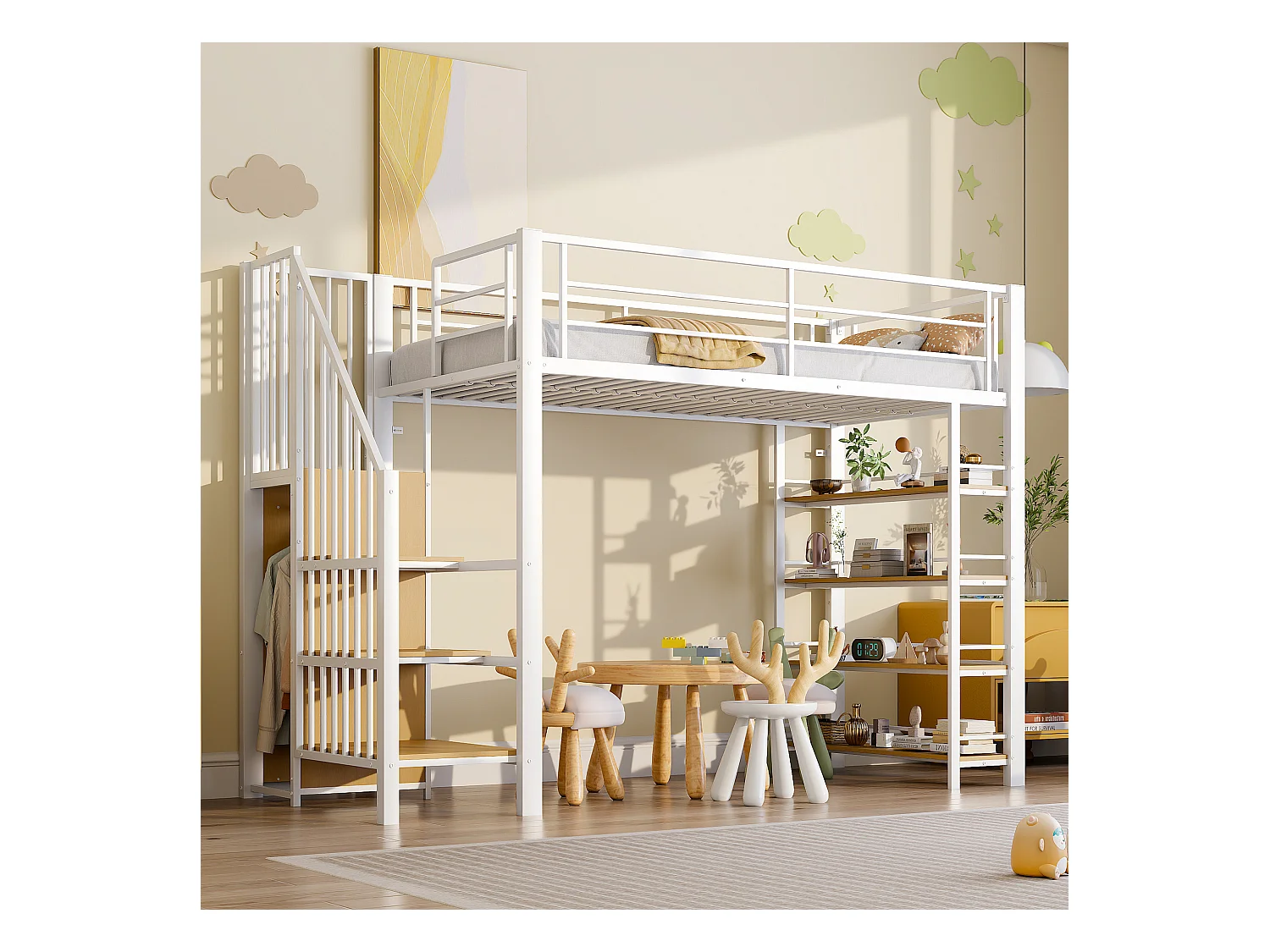 Lit mezzanine blanc et bois 90x200cm avec échelle de sécurité, petite armoire, étagères et barrière (sans matelas)