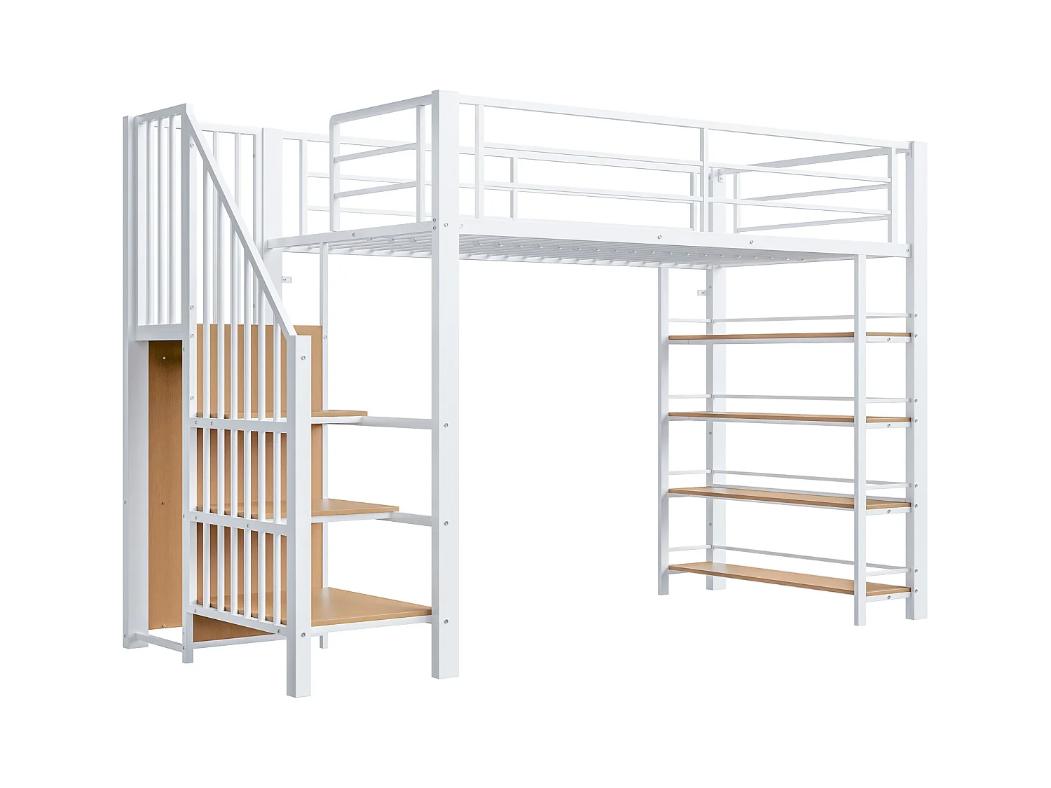 Lit mezzanine blanc et bois 90x200cm avec échelle de sécurité, petite armoire, étagères et barrière (sans matelas)