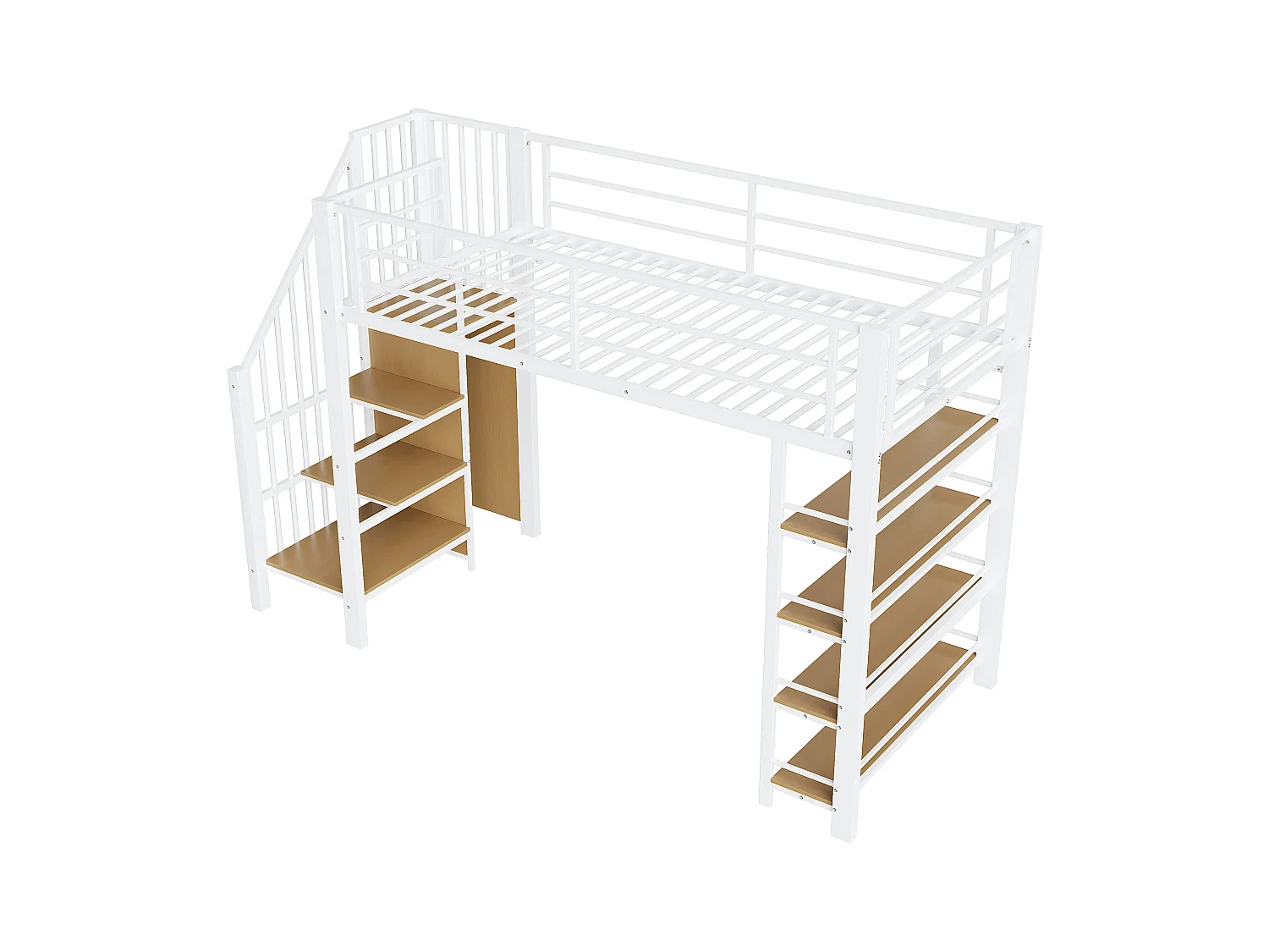 Lit mezzanine blanc et bois 90x200cm avec échelle de sécurité, petite armoire, étagères et barrière (sans matelas)