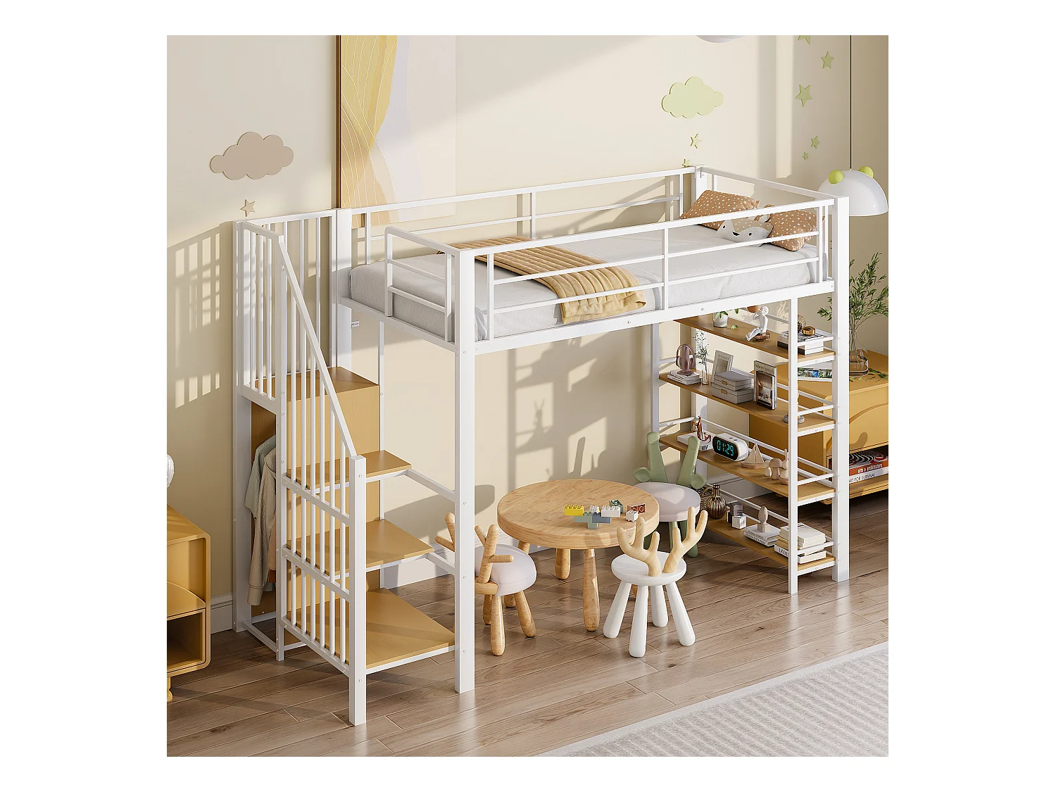 Letto a soppalco bianco e legno 90x200cm con scaletta di sicurezza, piccolo armadio, ripiani e barriera (senza materasso)