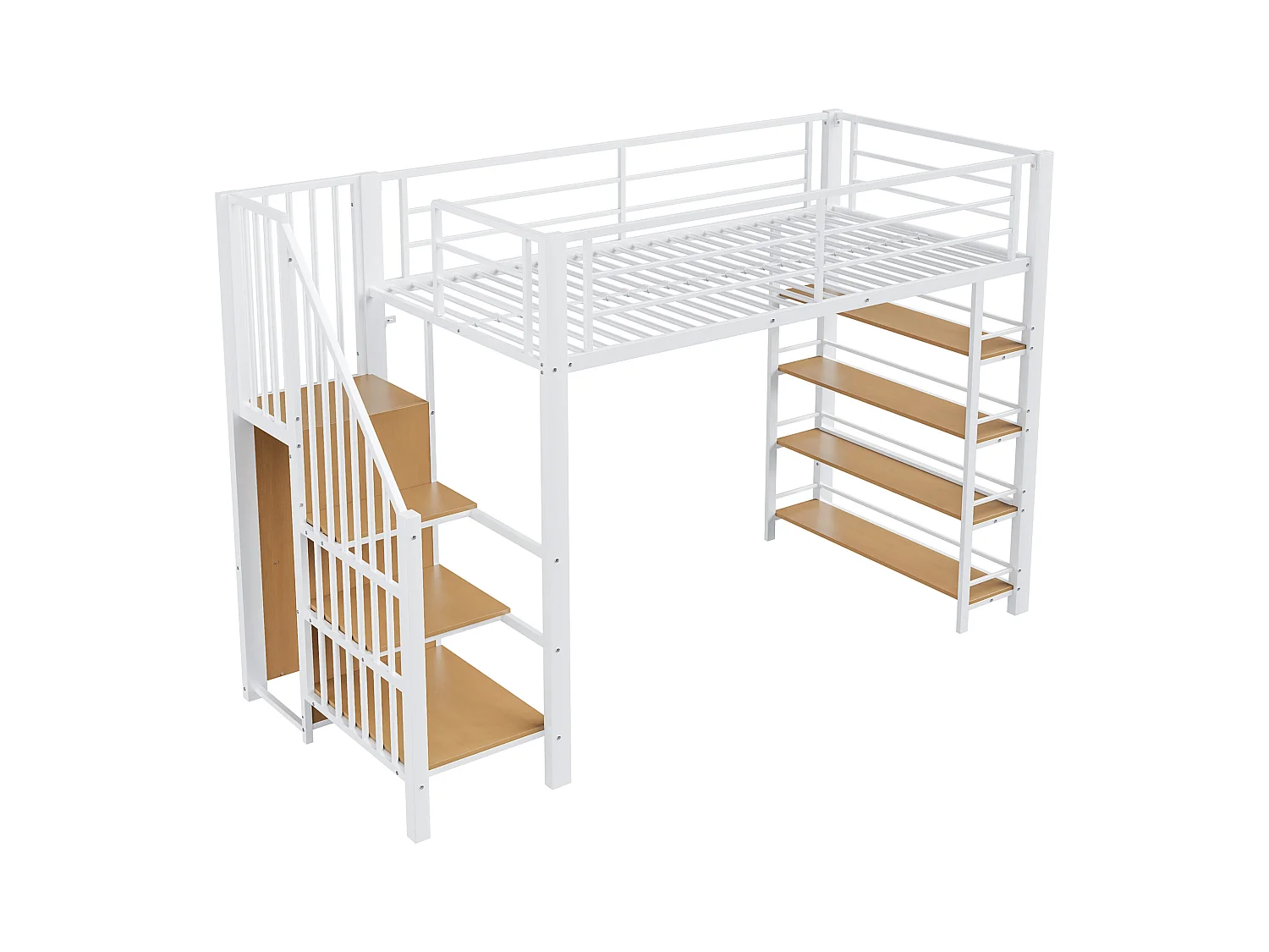 Lit mezzanine blanc et bois 90x200cm avec échelle de sécurité, petite armoire, étagères et barrière (sans matelas)