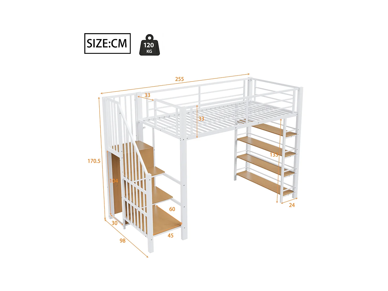 Lit mezzanine blanc et bois 90x200cm avec échelle de sécurité, petite armoire, étagères et barrière (sans matelas)