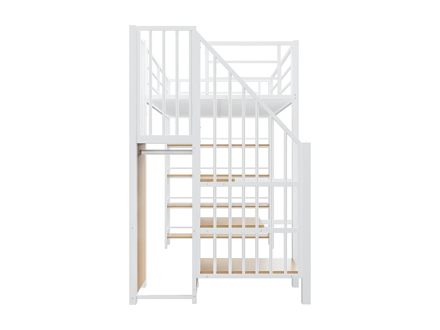 Lit mezzanine blanc et bois 90x200cm avec échelle de sécurité, petite armoire, étagères et barrière (sans matelas)
