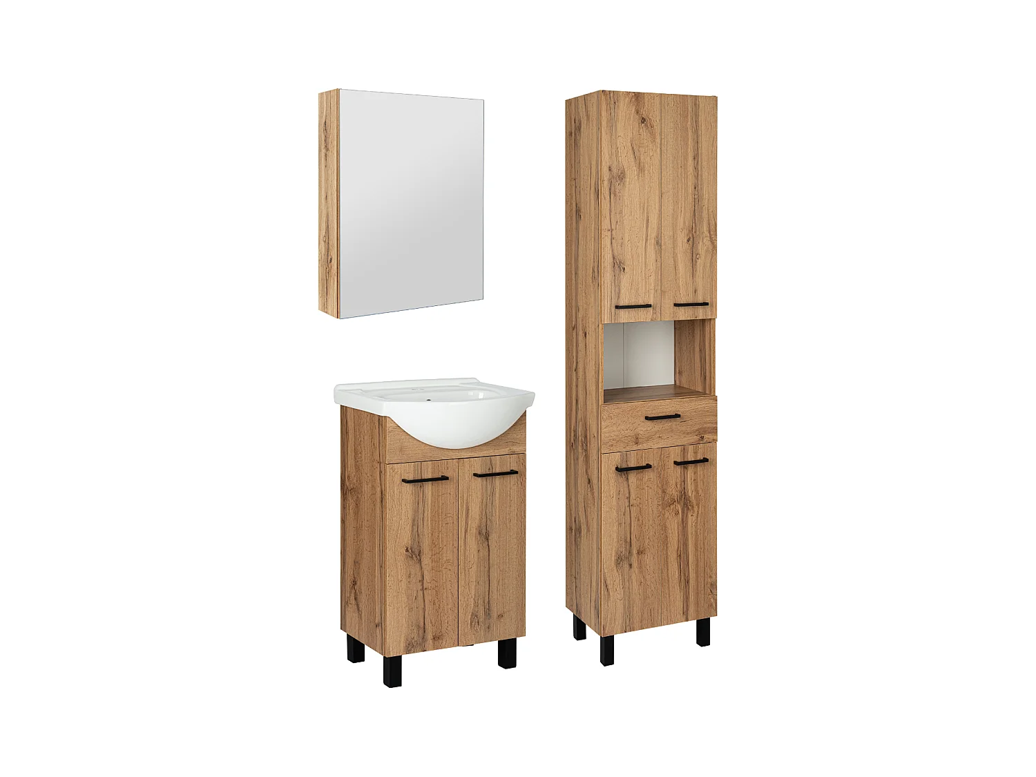 Zestaw Łazienkowy Szafka z Umywalką 50cm Słupek 50cm Szafka z Lustrem Dąb Wotan Lupo Wotan