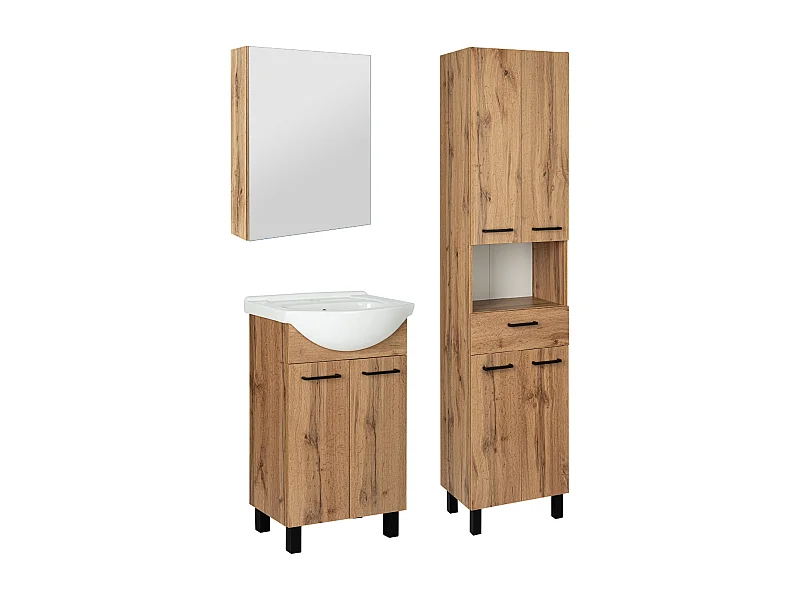 Badezimmerset Badezimmerschrank mit Waschbecken 50cm Hochshrank 50cm Schrank mit Spiegel Eiche Wotan Lupo Wotan