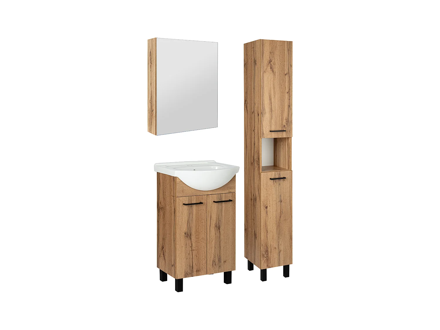Zestaw Łazienkowy Szafka z Umywalką 50cm Słupek 30cm Szafka z Lustrem Dąb Wotan Lupo Wotan