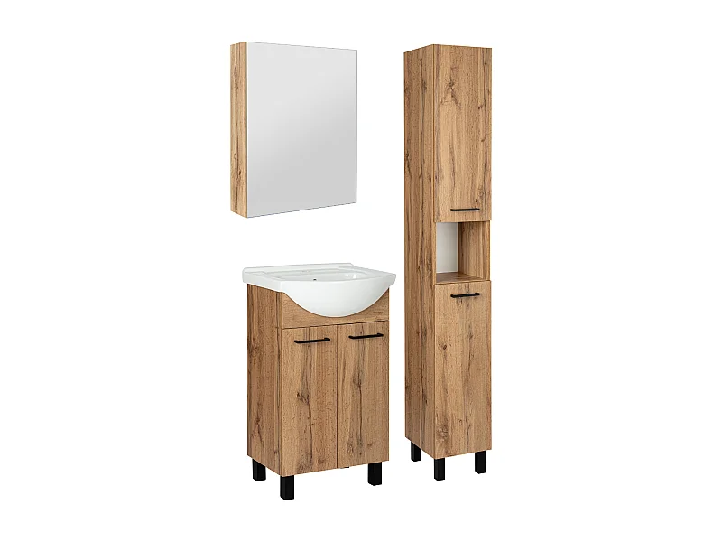 Badezimmerset Badezimmerschrank mit Waschbecken 50cm Hochshrank 30cm Schrank mit Spiegel Eiche Wotan Lupo Wotan