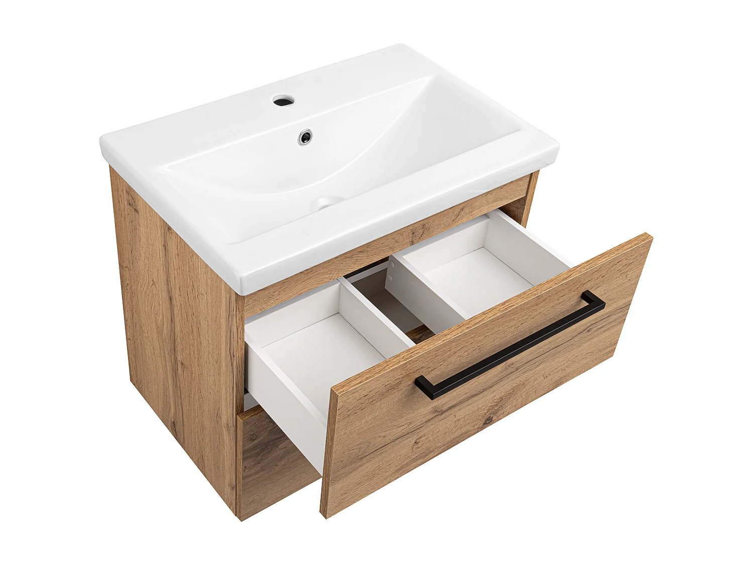 Badezimmerset 60cm Schrank mit Waschbecken Hohschrank Shrank mit Spiegel Eiche Wotan Aster