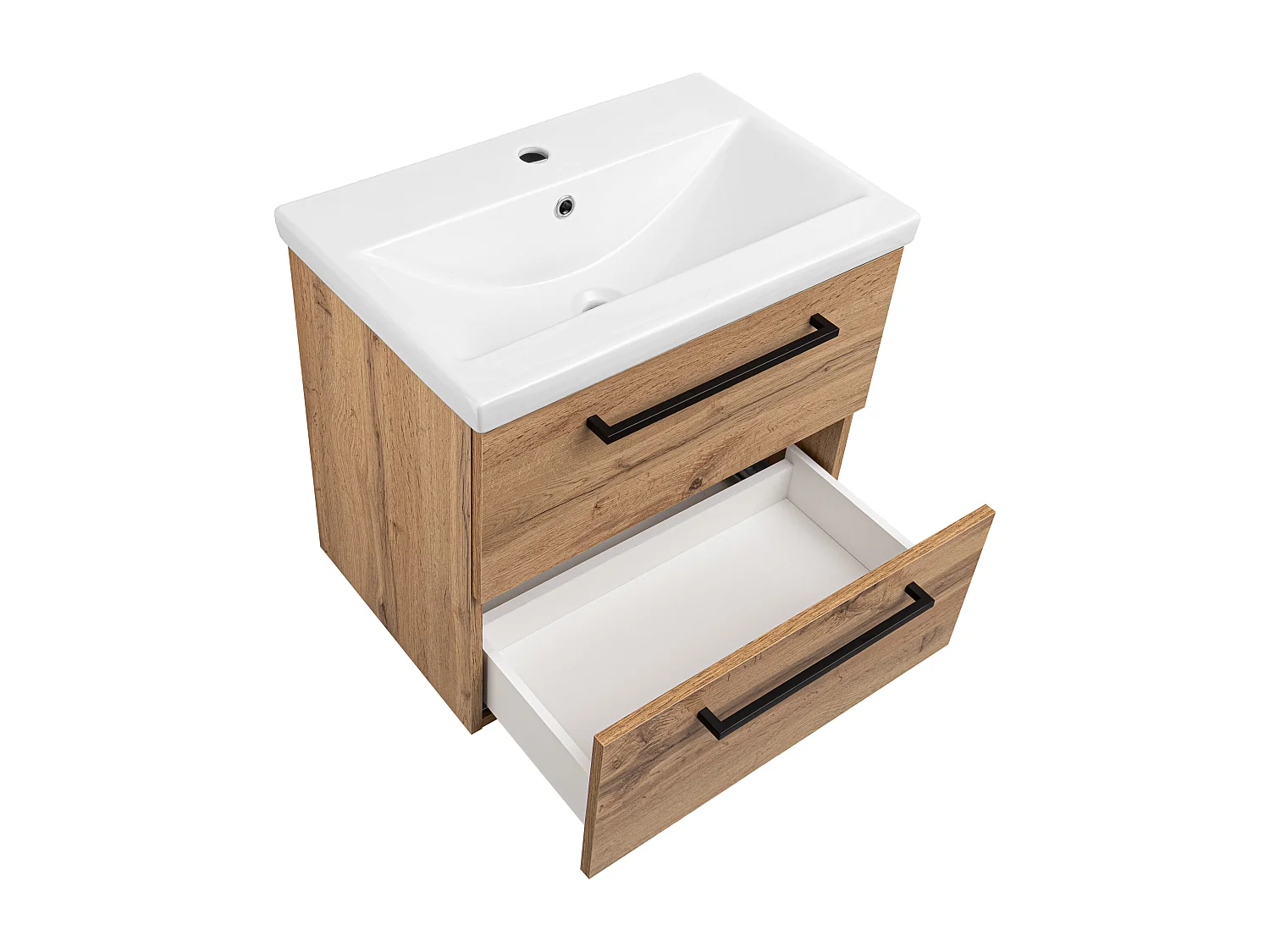 Badezimmerset 60cm Schrank mit Waschbecken Hohschrank Shrank mit Spiegel Eiche Wotan Aster