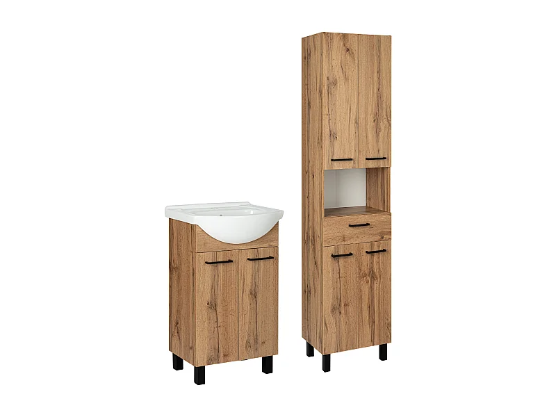 Badezimmerset Badezimmerschrank mit Waschbecken 50cm Hochshrank 50cm Eiche Wotan Lupo Wotan