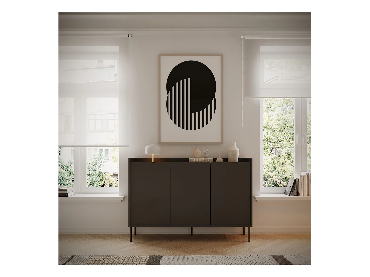 Sideboard 3-türig – 140 cm – Schwarz / Holzoptik Nussbaum – TOVI