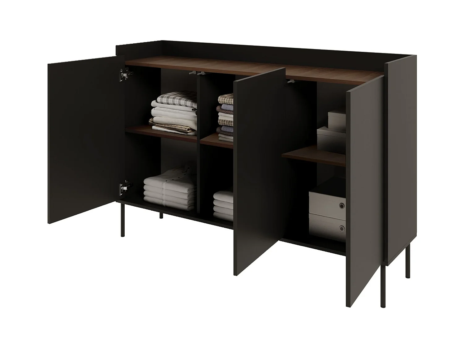 Sideboard 3-türig – 140 cm – Schwarz / Holzoptik Nussbaum – TOVI